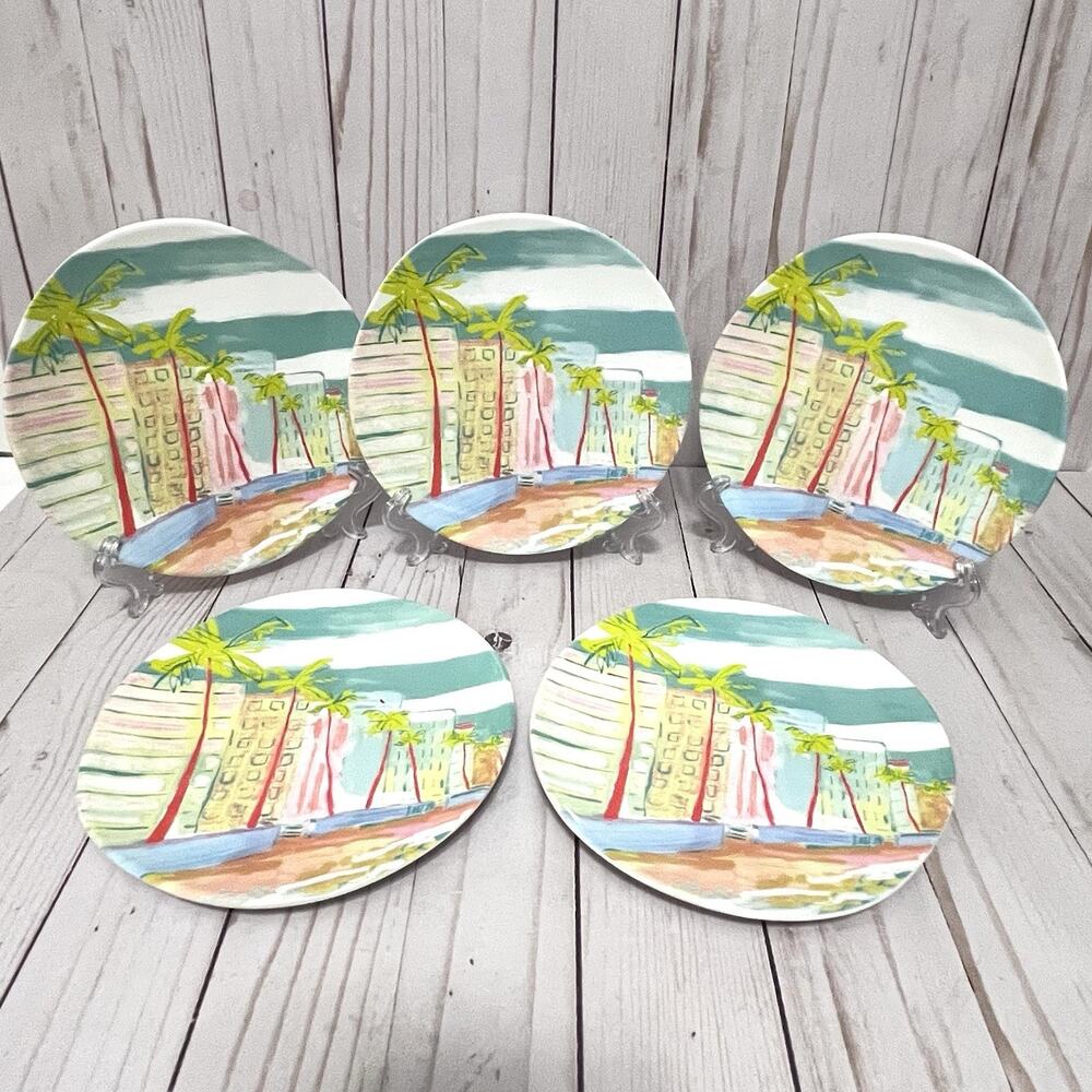 Blakely Made Anthropologie Melamine Salad Plates Miami Beach Coastal Set of 5